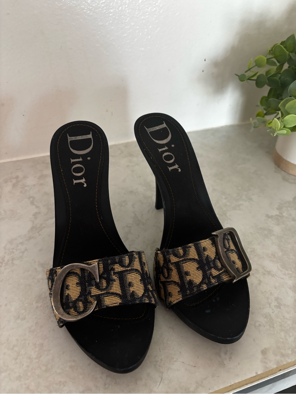 Authentic vintage Dior monogram mules in black and tan canvas.